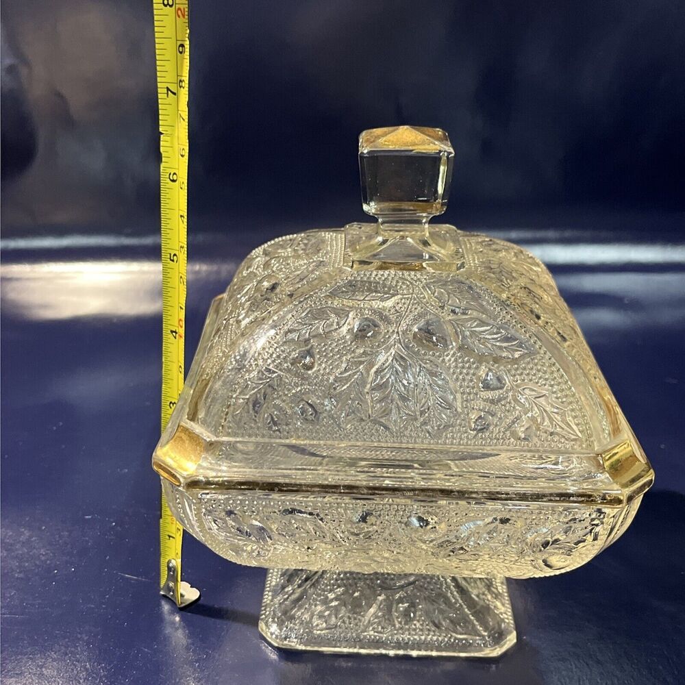 Vintage Jeanette Depression Glass Candy Dish w/Lid Square Acorn‎ &Leaves Design - Picture 9 of 13